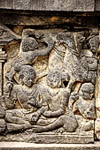 Prambanan - Ramayana reliefs of Shiva Temple. Scene 3: Detail of Vishvamitra's apprentices, and servants with horses.  